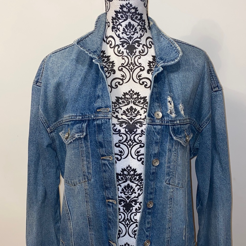 New! COSTES Blue European Made Long Distressed Denim Jacket for Women Size Large - Picture 3 of 16